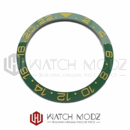 Sloped Ceramic Bezel Insert: Green GMT Gold Numbers